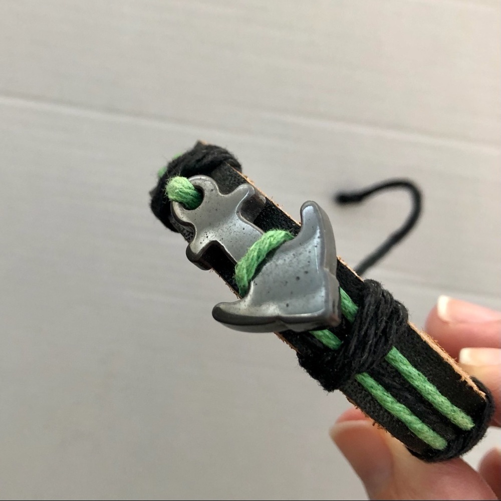Nautical Leather and Cord Anchor Bracelet‎ Green and Black - Picture 5 of 5